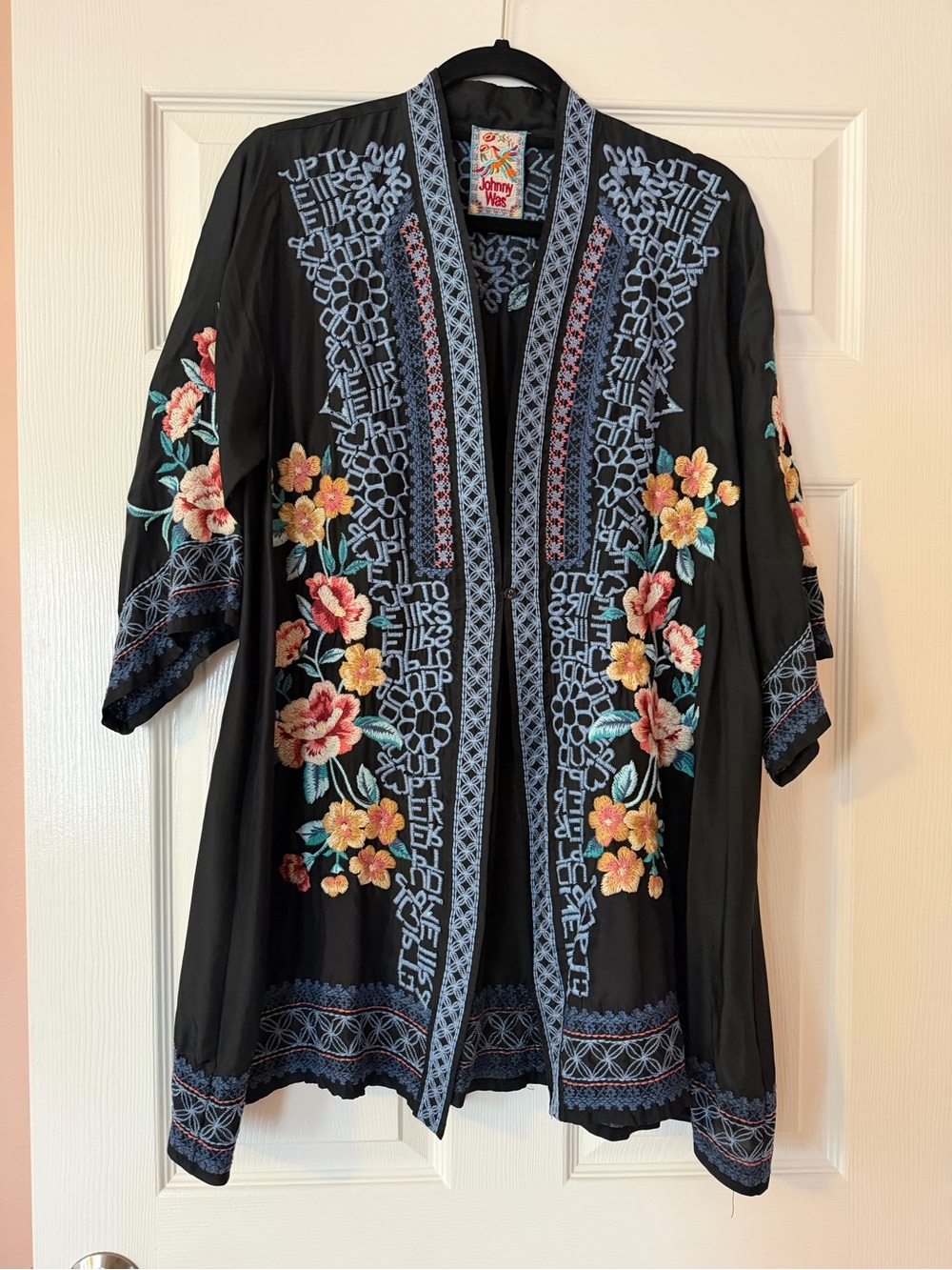 Johnny Was Black Open-Front Silk Embroidered Floral Kimono